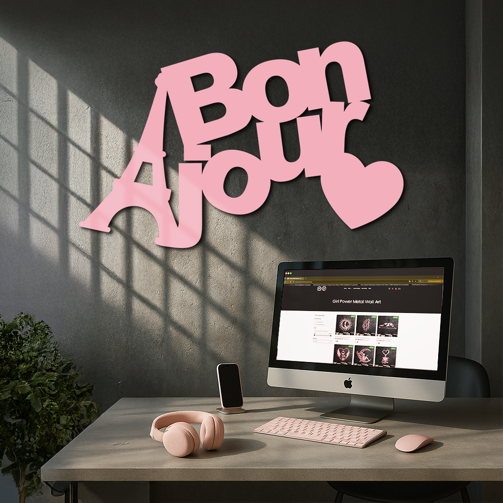 Pink Bonjour Eiffel Tower Metal Wall Art – Paris-Inspired Romantic Decor - KAFGP009 by Enova Art