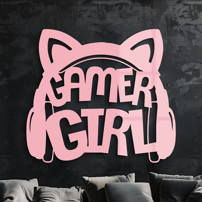 Pink Gamer Girl Metal Wall Art – Playful Gaming Headset Design - KAFGP010 by Enova Art