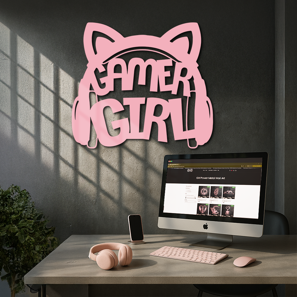 Pink Gamer Girl Metal Wall Art – Playful Gaming Headset Design - KAFGP010 by Enova Art