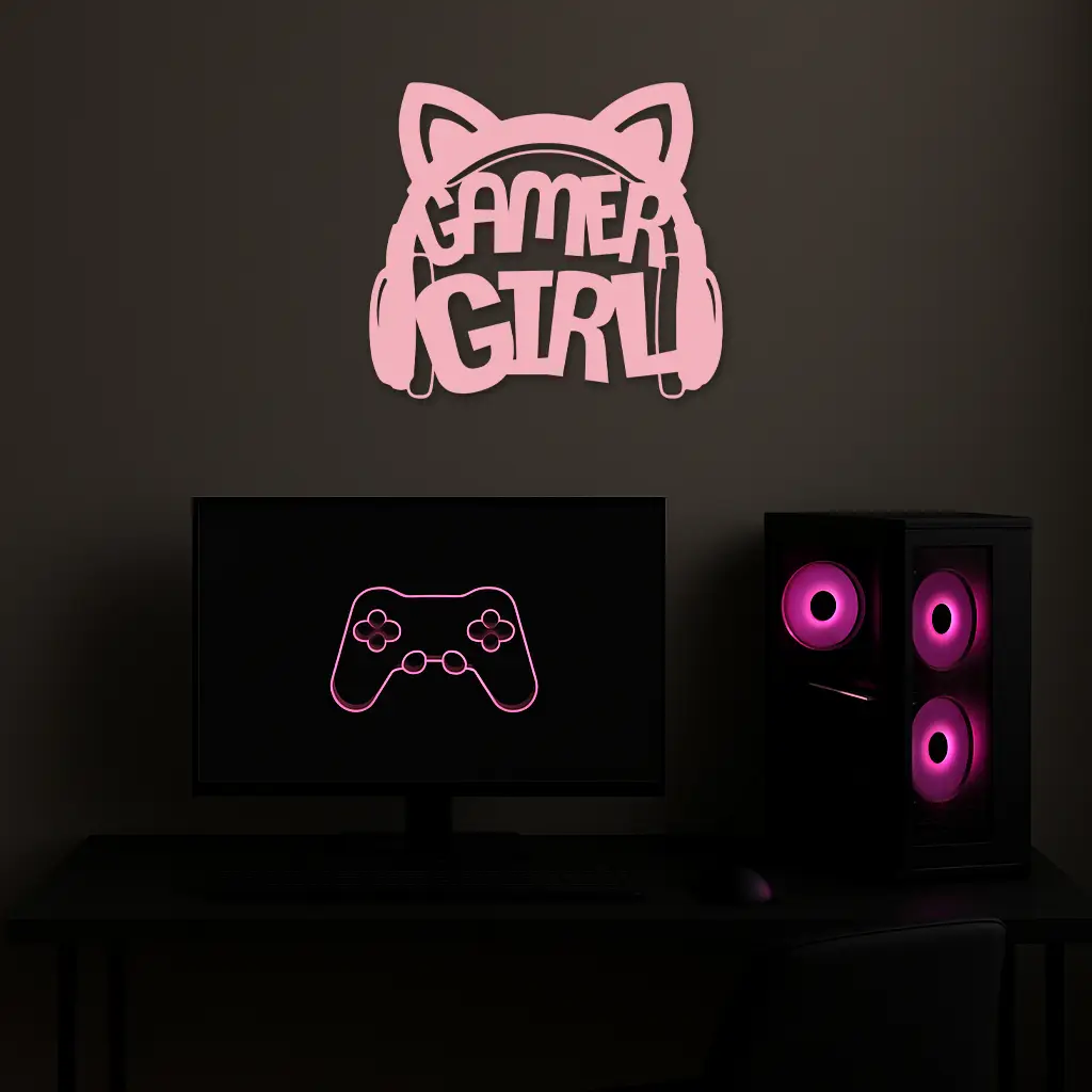 Pink Gamer Girl Metal Wall Art – Playful Gaming Headset Design - KAFGP010 by Enova Art