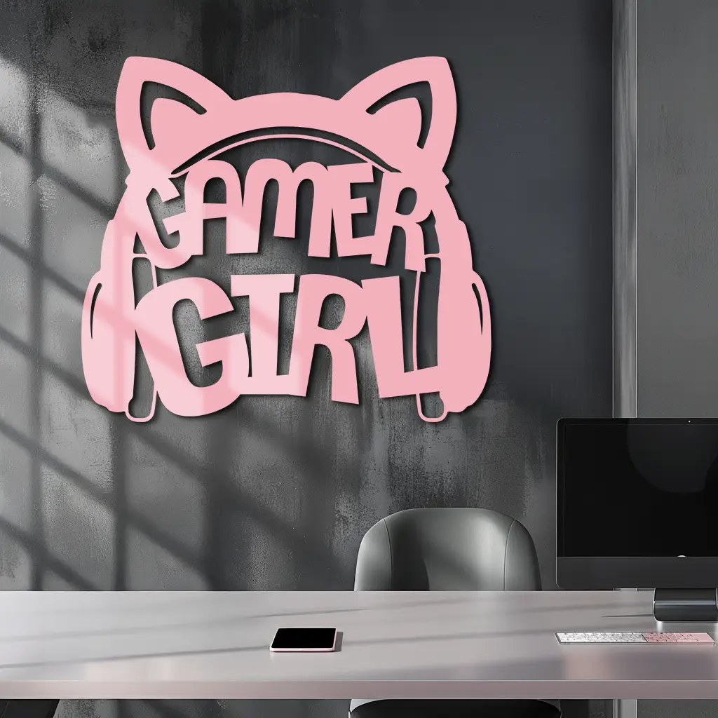 Pink Gamer Girl Metal Wall Art – Playful Gaming Headset Design - KAFGP010 by Enova Art