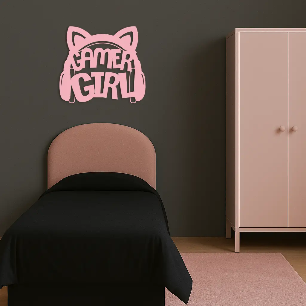 Pink Gamer Girl Metal Wall Art – Playful Gaming Headset Design - KAFGP010 by Enova Art