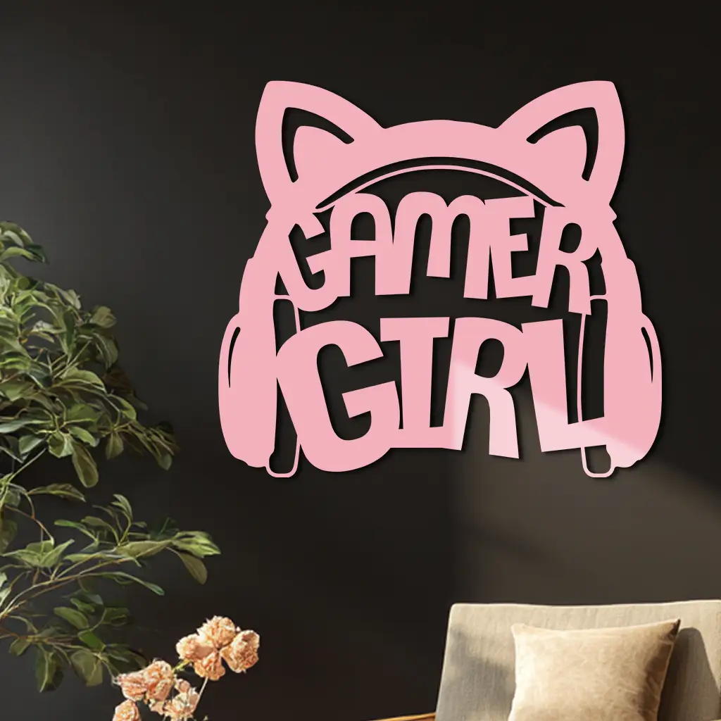 Pink Gamer Girl Metal Wall Art – Playful Gaming Headset Design - KAFGP010 by Enova Art