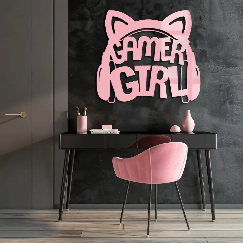 Pink Gamer Girl Metal Wall Art – Playful Gaming Headset Design - KAFGP010 by Enova Art