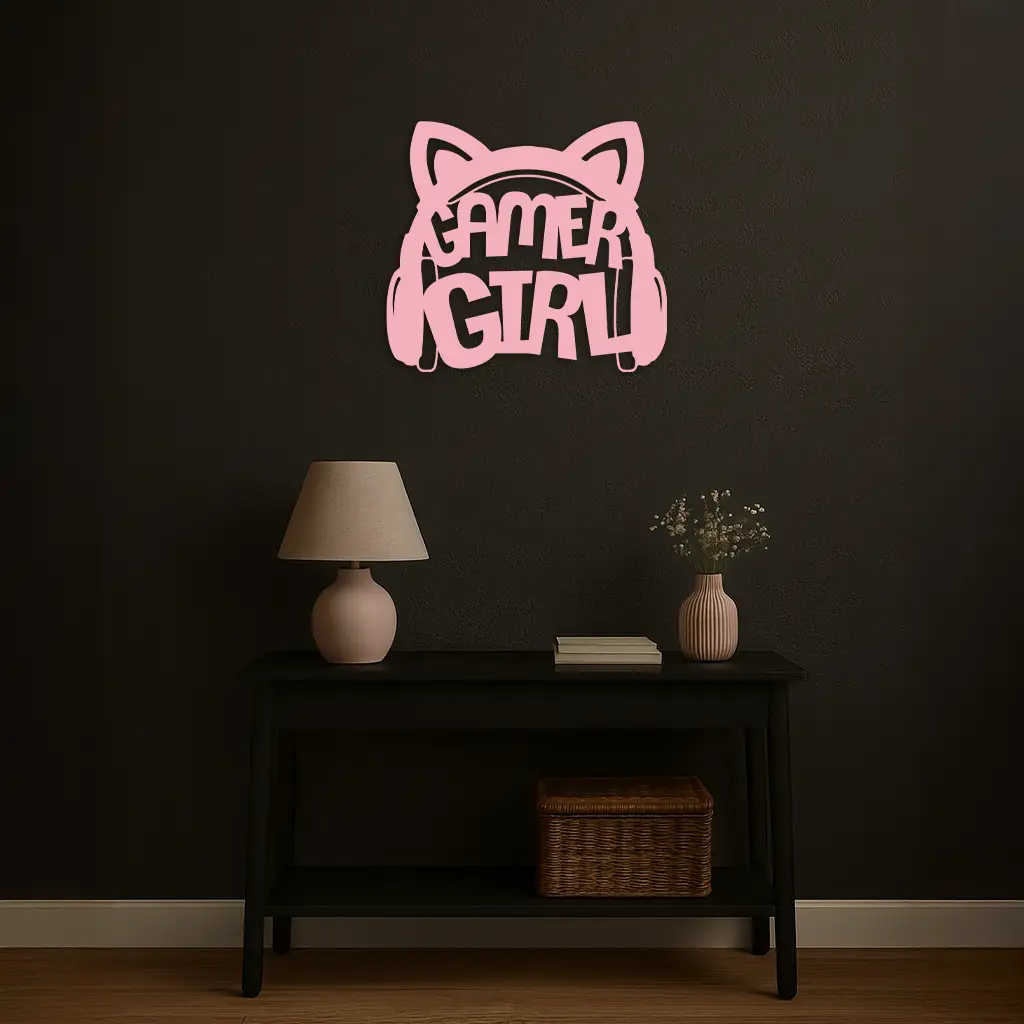 Pink Gamer Girl Metal Wall Art – Playful Gaming Headset Design - KAFGP010 by Enova Art
