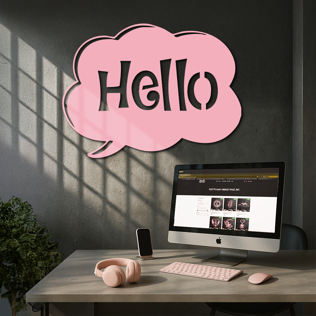 Pink Hello Speech Bubble Metal Wall Art – Playful Greeting Sign - KAFGP011 by Enova Art