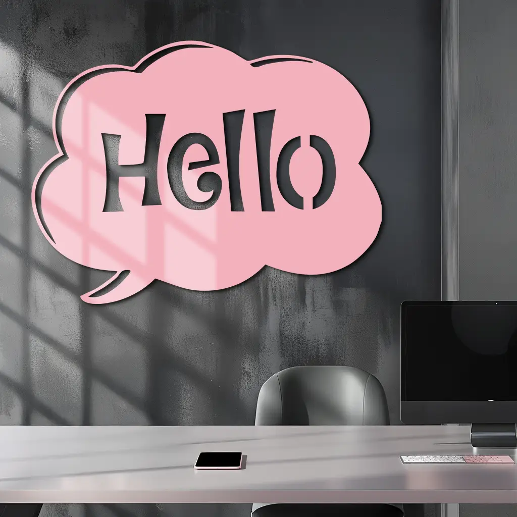 Pink Hello Speech Bubble Metal Wall Art – Playful Greeting Sign - KAFGP011 by Enova Art