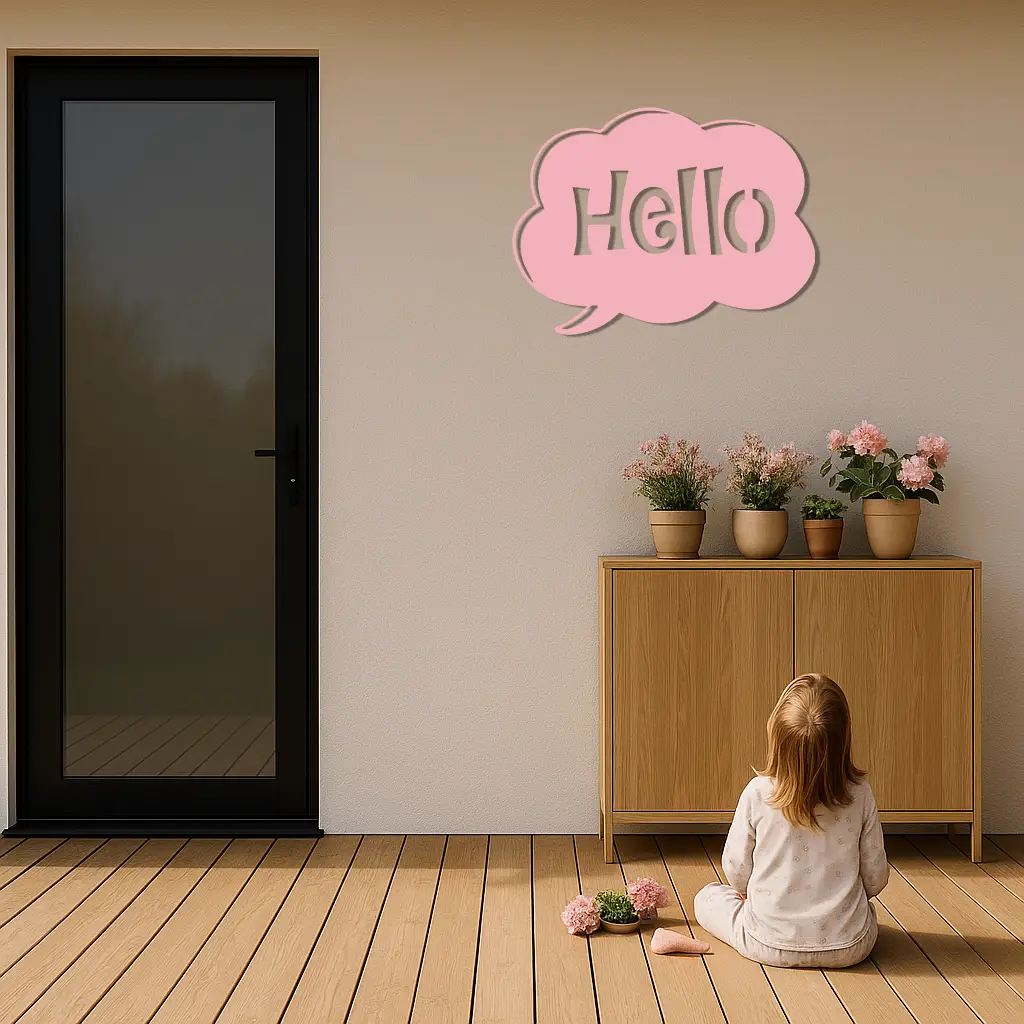 Pink Hello Speech Bubble Metal Wall Art – Playful Greeting Sign - KAFGP011 by Enova Art