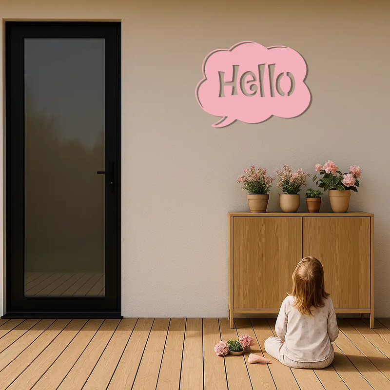 Pink Hello Speech Bubble Metal Wall Art – Playful Greeting Sign - KAFGP011 by Enova Art