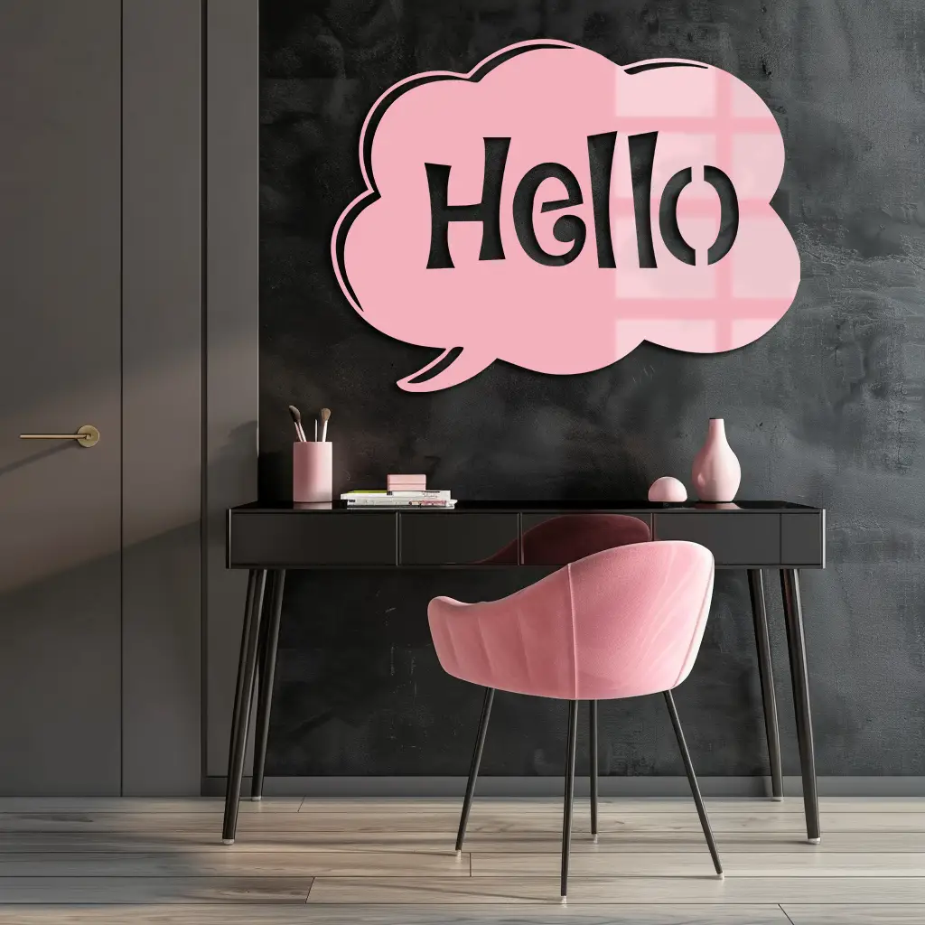 Pink Hello Speech Bubble Metal Wall Art – Playful Greeting Sign - KAFGP011 by Enova Art