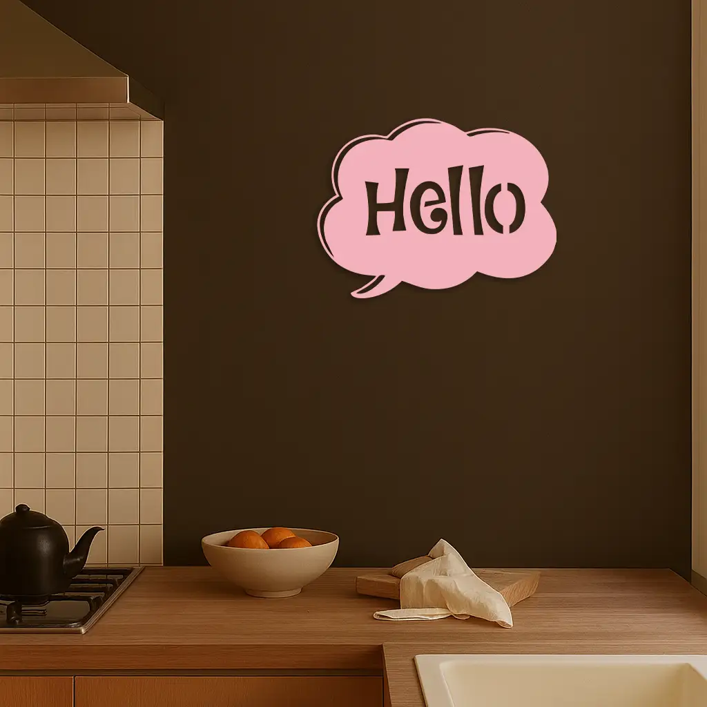 Pink Hello Speech Bubble Metal Wall Art – Playful Greeting Sign - KAFGP011 by Enova Art