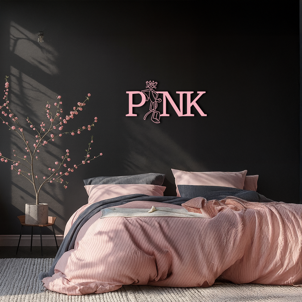 Pink Panther Metal Wall Art – Iconic Character with PINK Typography - KAFGP013 by Enova Art