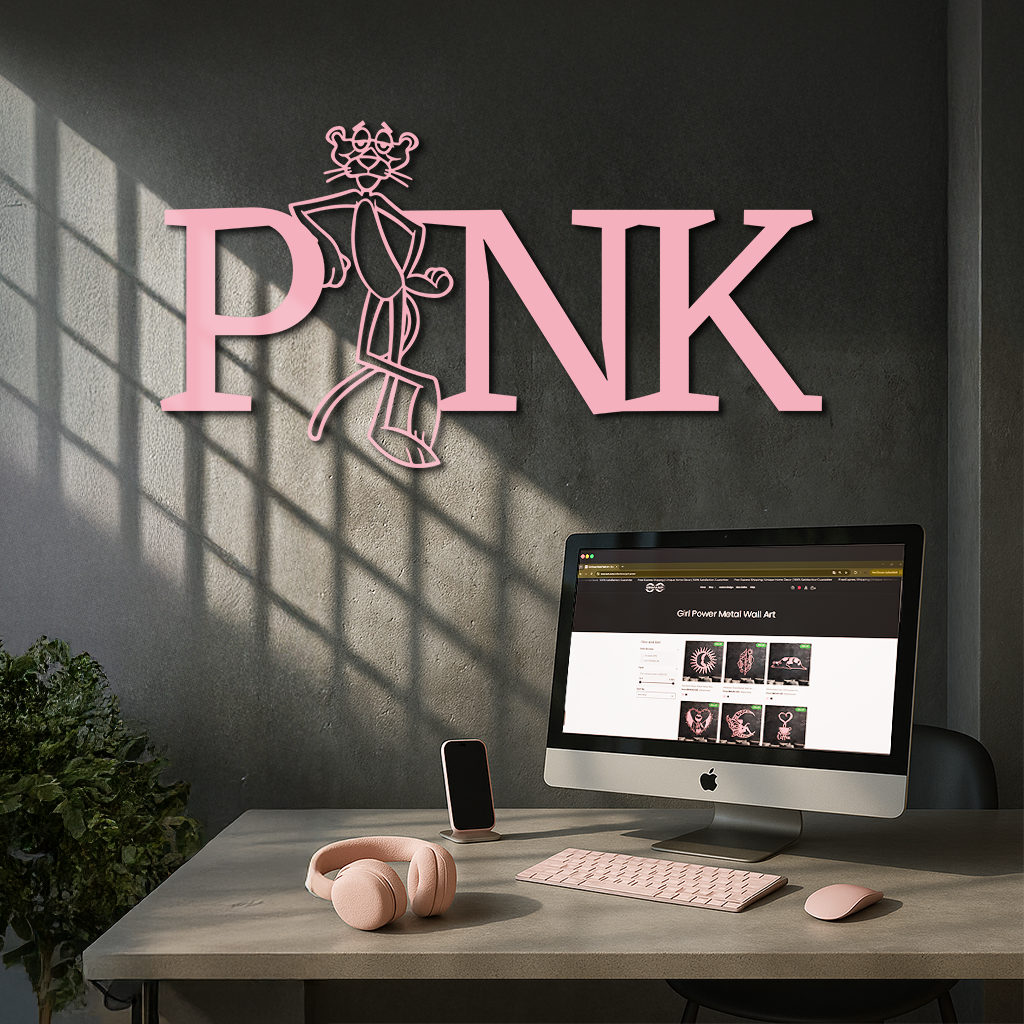 Pink Panther Metal Wall Art – Iconic Character with PINK Typography - KAFGP013 by Enova Art