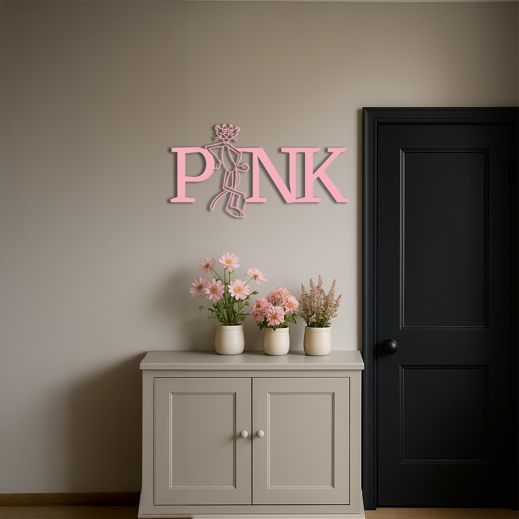Pink Panther Metal Wall Art – Iconic Character with PINK Typography - KAFGP013 by Enova Art