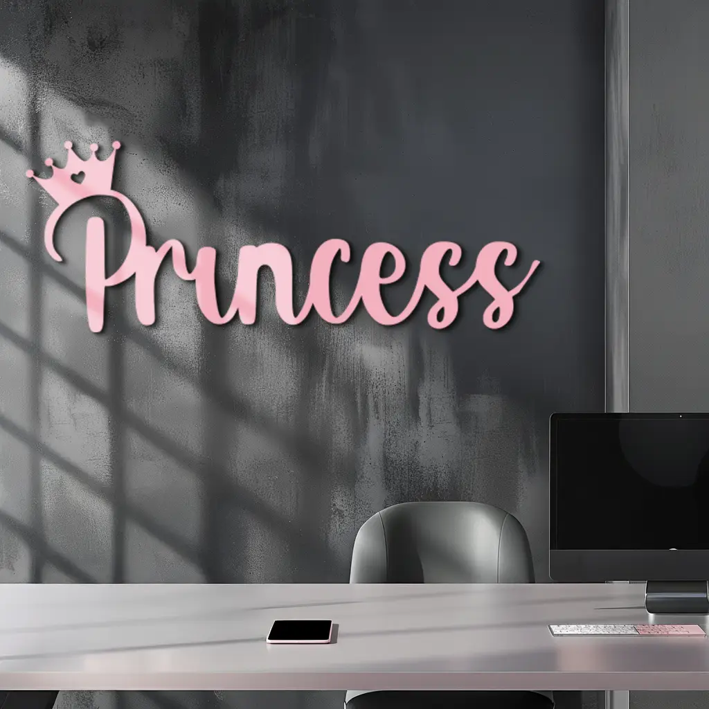 Pink Princess Metal Wall Art – Elegant Typography Silhouette Decor - KAFGP014 by Enova Art