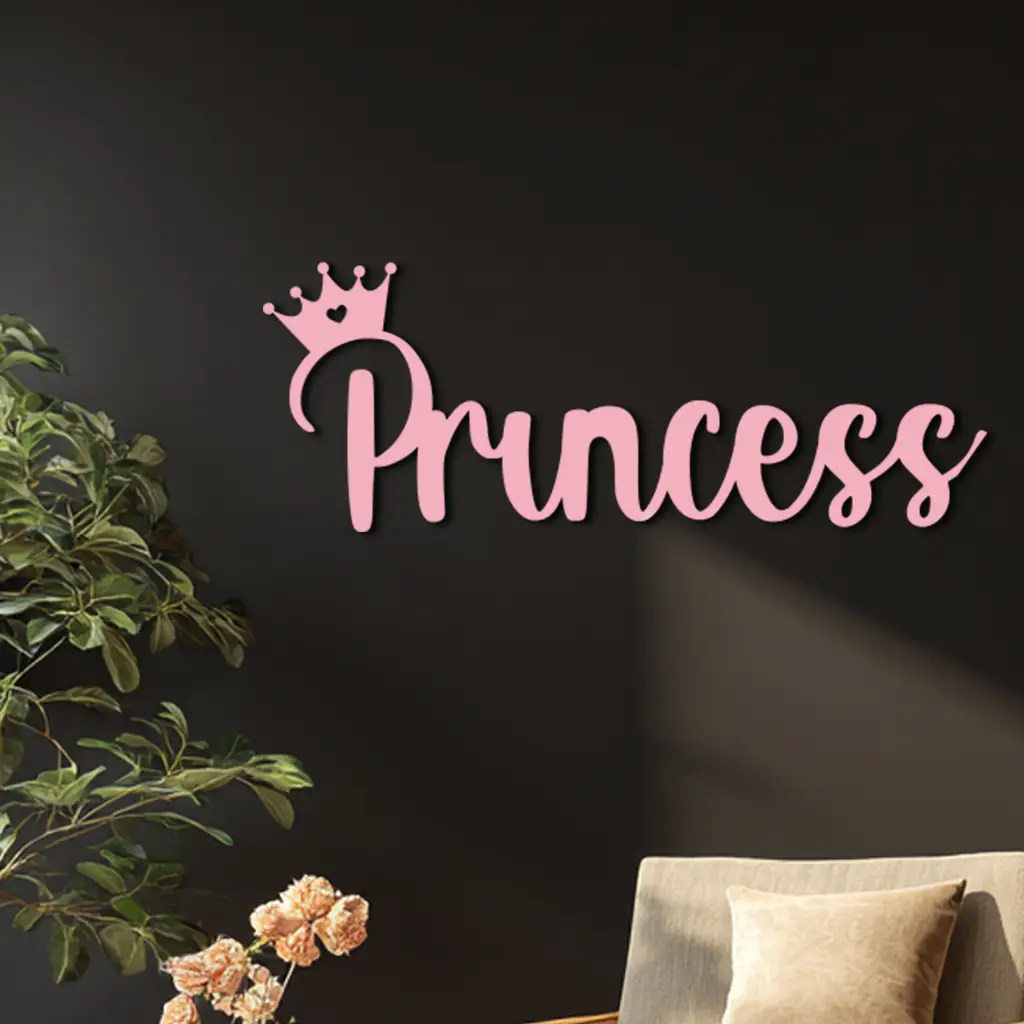 Pink Princess Metal Wall Art – Elegant Typography Silhouette Decor - KAFGP014 by Enova Art