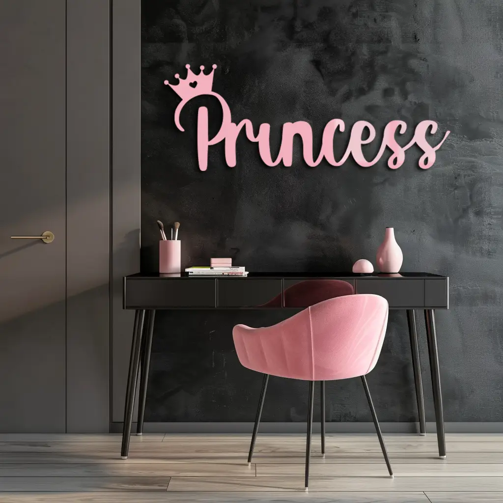 Pink Princess Metal Wall Art – Elegant Typography Silhouette Decor - KAFGP014 by Enova Art