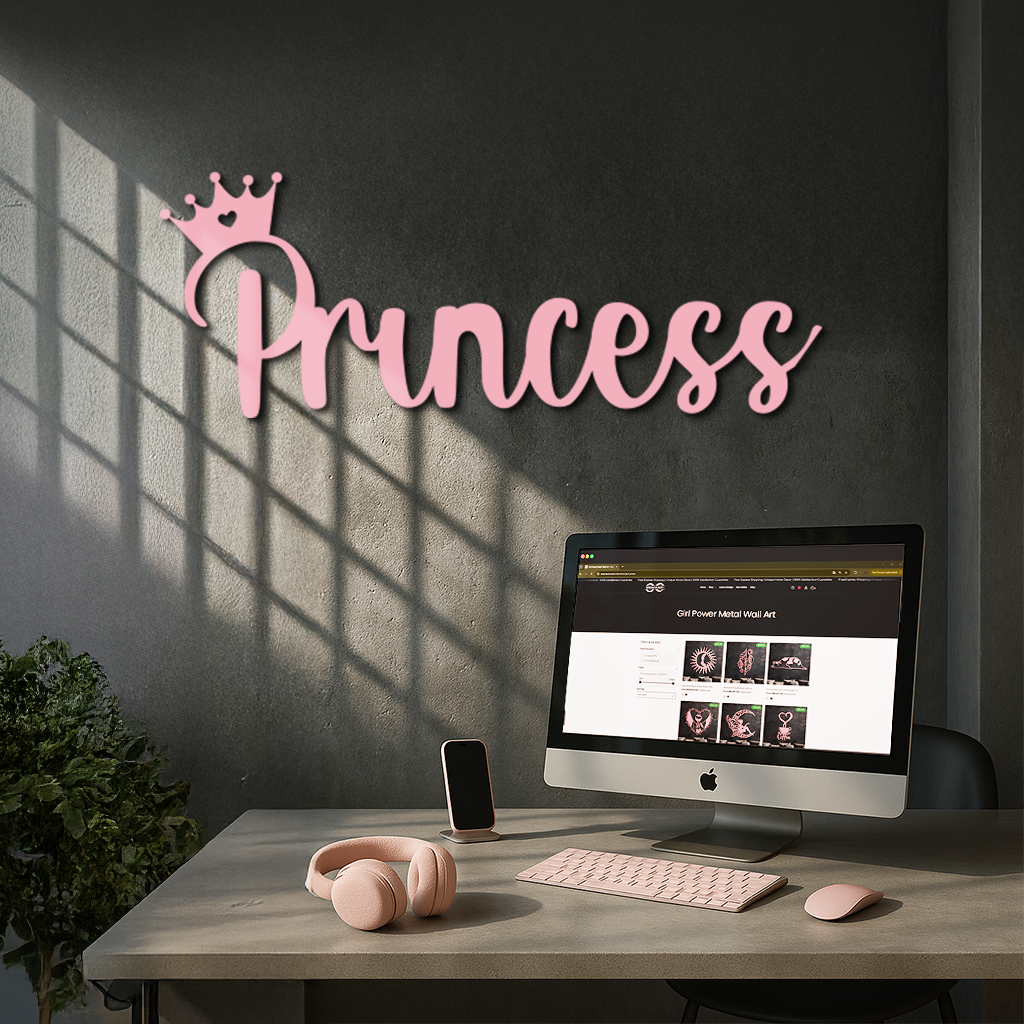 Pink Princess Metal Wall Art – Elegant Typography Silhouette Decor - KAFGP014 by Enova Art