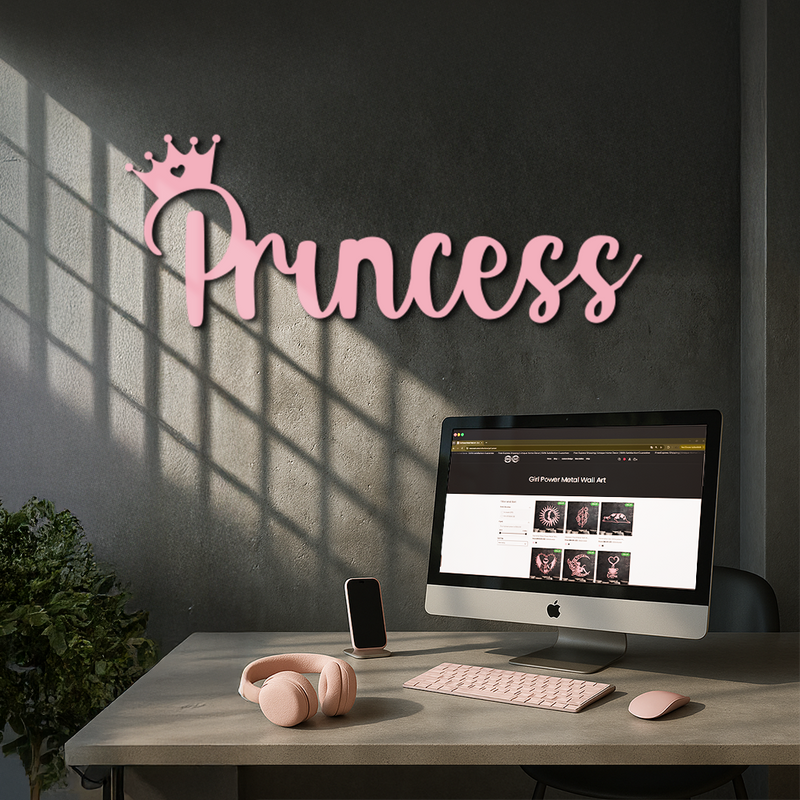 Pink Princess Metal Wall Art – Elegant Typography Silhouette Decor - KAFGP014 by Enova Art