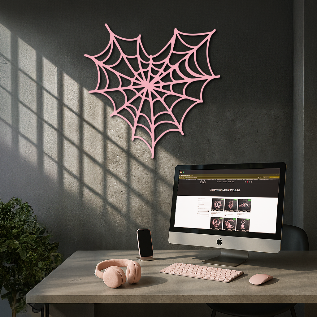 Pink Heart Spider Web Metal Wall Art – Gothic Romantic Decor - KAFGP018 by Enova Art