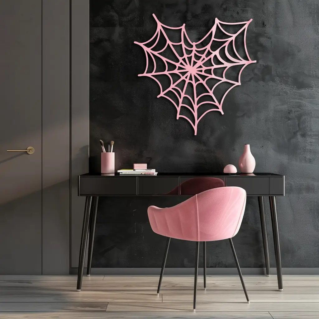 Pink Heart Spider Web Metal Wall Art – Gothic Romantic Decor - KAFGP018 by Enova Art