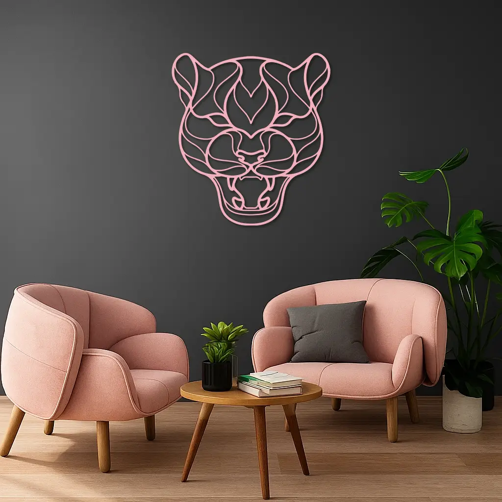 Pink Panther Head Metal Wall Art – Geometric Wild Cat Silhouette Decor - KAFGP019 by Enova Art