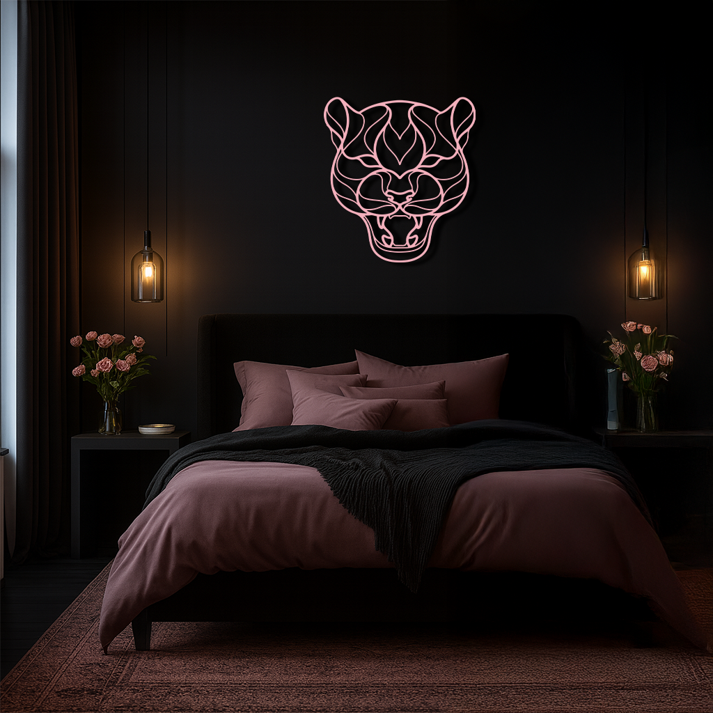Pink Panther Head Metal Wall Art – Geometric Wild Cat Silhouette Decor - KAFGP019 by Enova Art