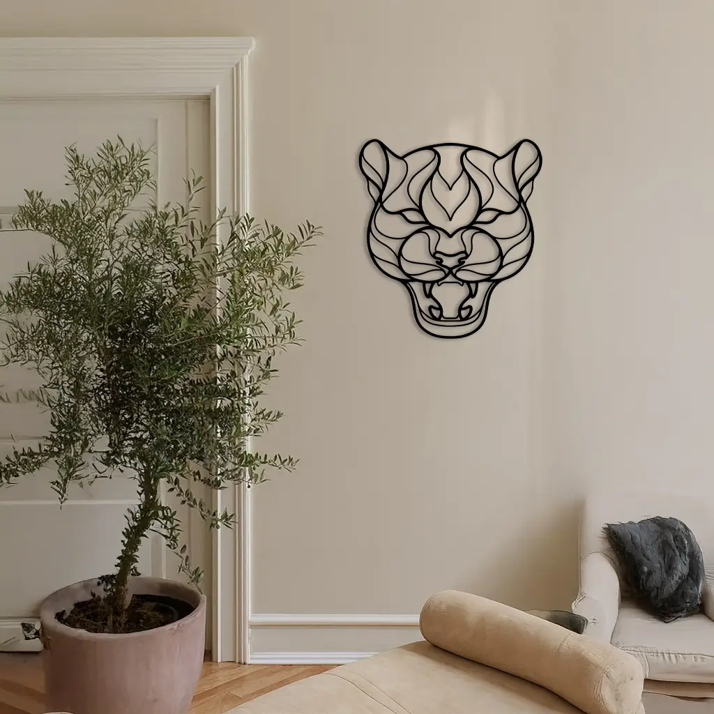 Pink Panther Head Metal Wall Art – Geometric Wild Cat Silhouette Decor - KAFGP019 by Enova Art