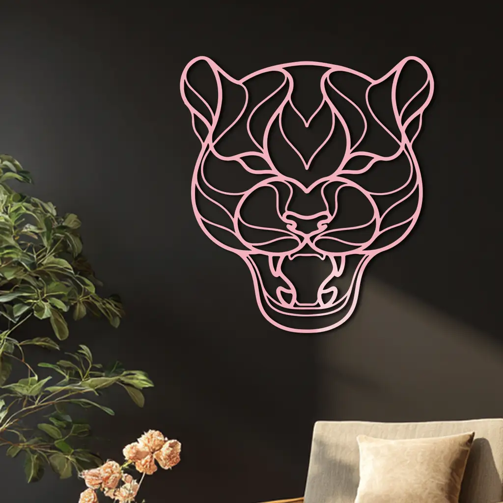Pink Panther Head Metal Wall Art – Geometric Wild Cat Silhouette Decor - KAFGP019 by Enova Art