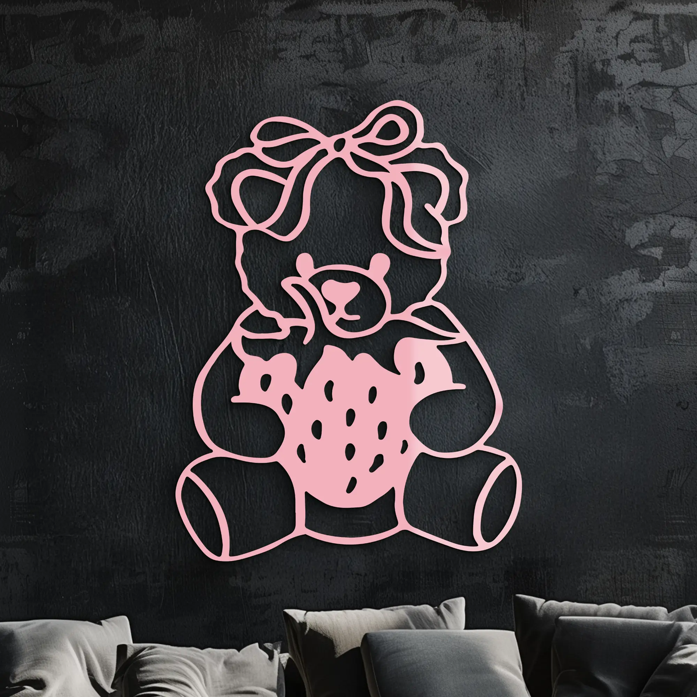 Pink Teddy Bear with Strawberry Metal Wall Art – Cute Bow Design for Kids Room - KAFGP020 by Enova Art