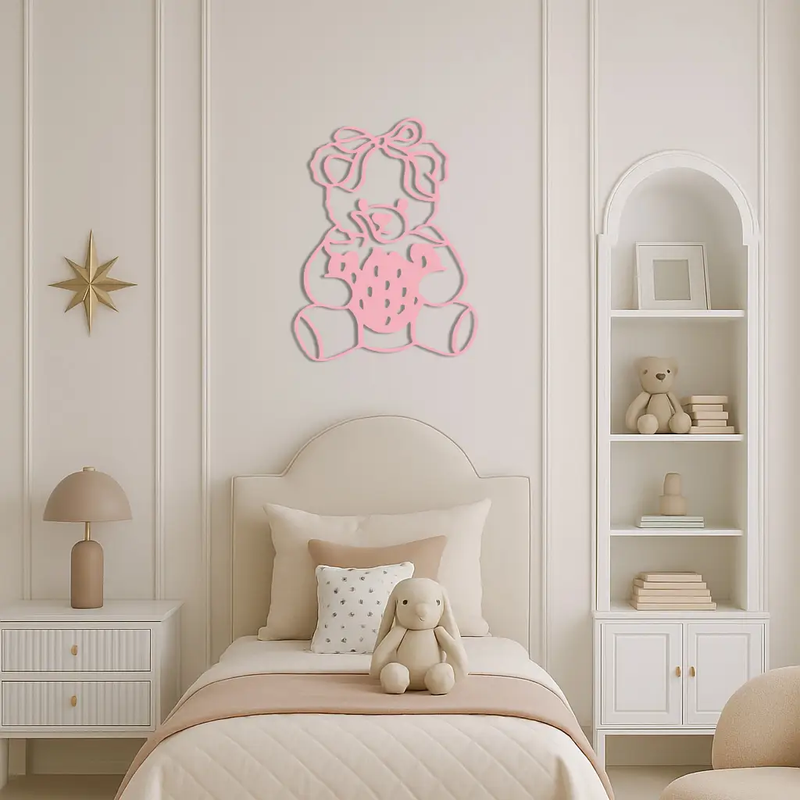 Pink Teddy Bear with Strawberry Metal Wall Art – Cute Bow Design for Kids Room - KAFGP020 by Enova Art