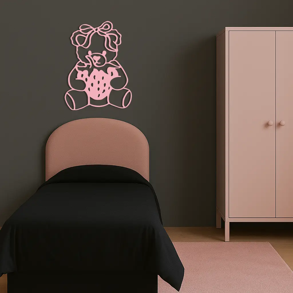 Pink Teddy Bear with Strawberry Metal Wall Art – Cute Bow Design for Kids Room - KAFGP020 by Enova Art