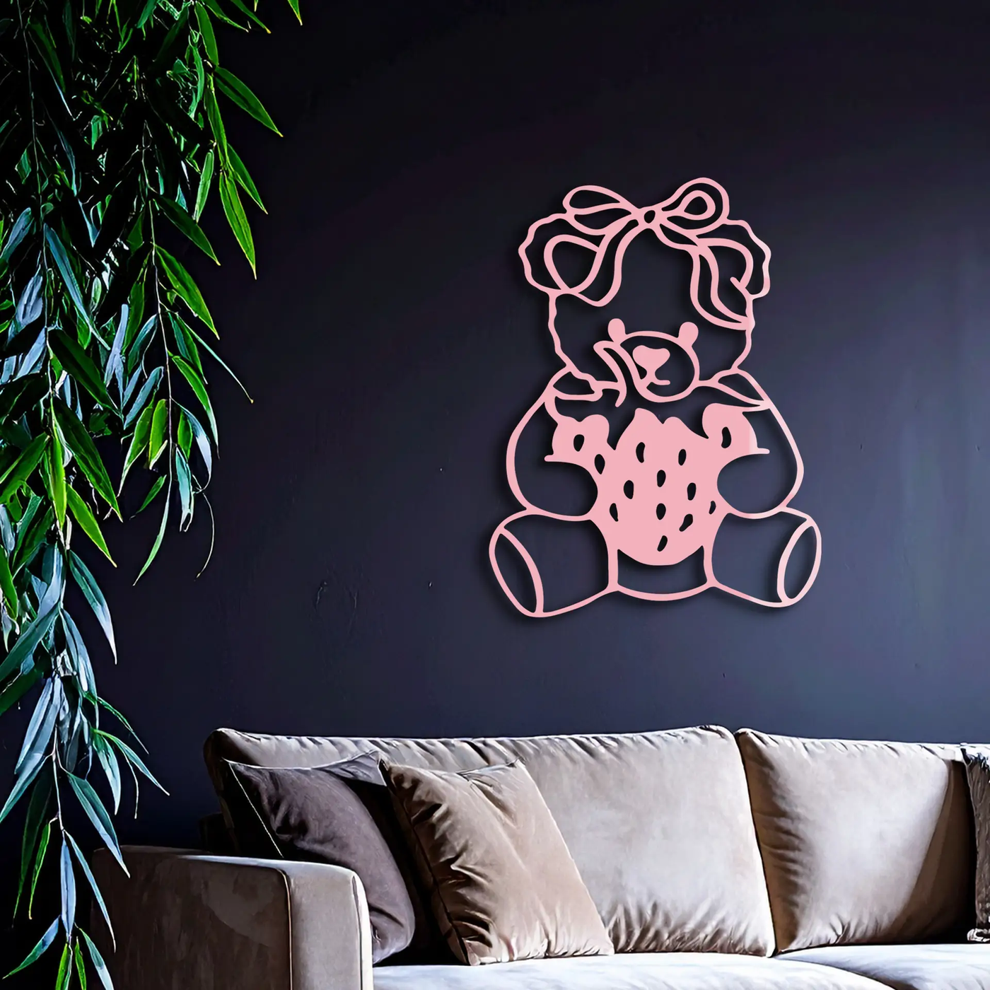 Pink Teddy Bear with Strawberry Metal Wall Art – Cute Bow Design for Kids Room - KAFGP020 by Enova Art