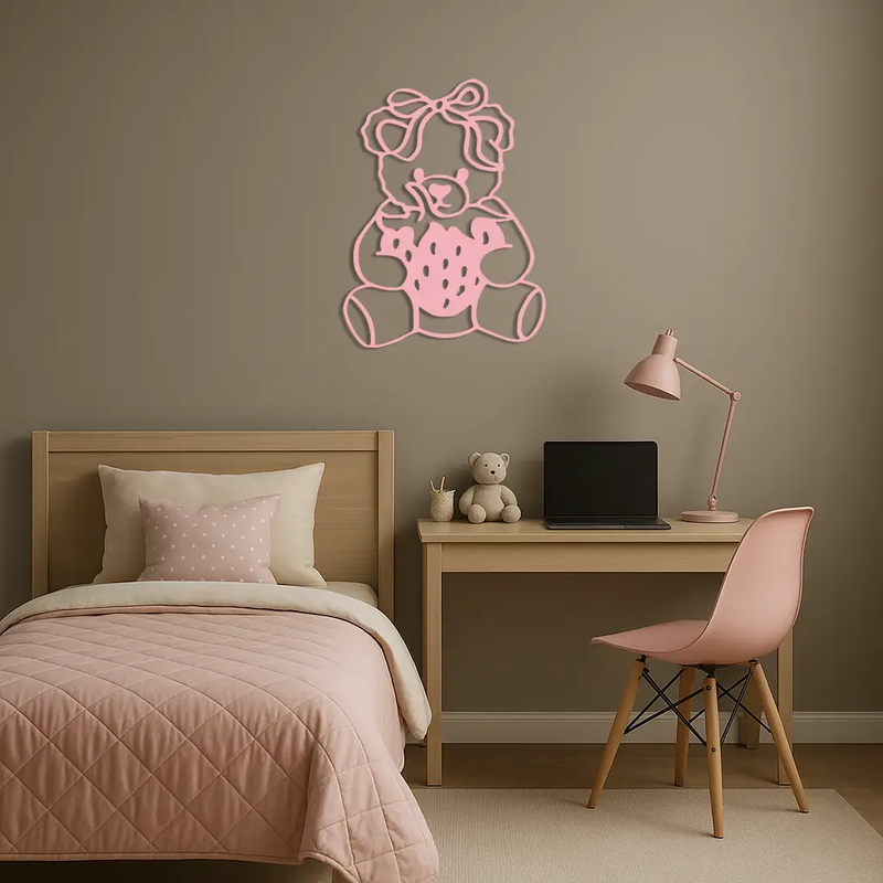 Pink Teddy Bear with Strawberry Metal Wall Art – Cute Bow Design for Kids Room - KAFGP020 by Enova Art