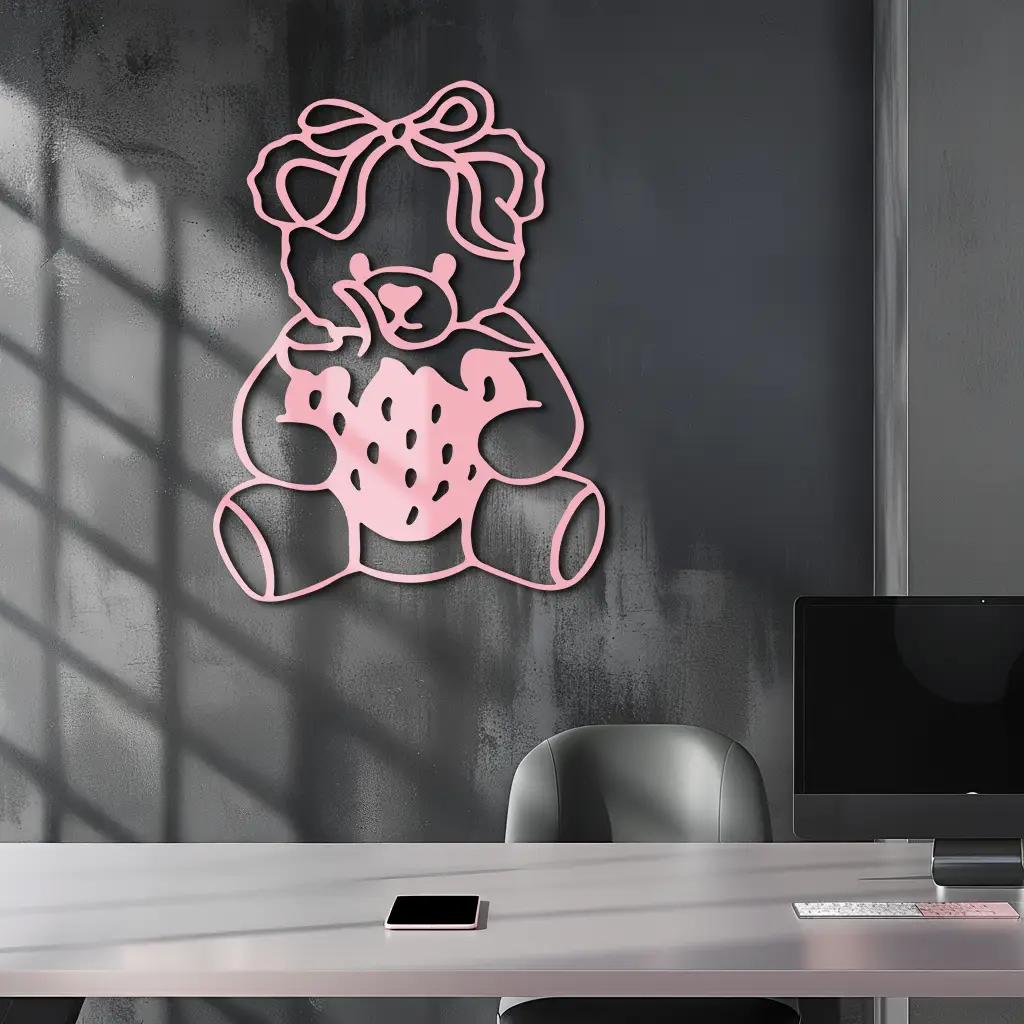 Pink Teddy Bear with Strawberry Metal Wall Art – Cute Bow Design for Kids Room - KAFGP020 by Enova Art
