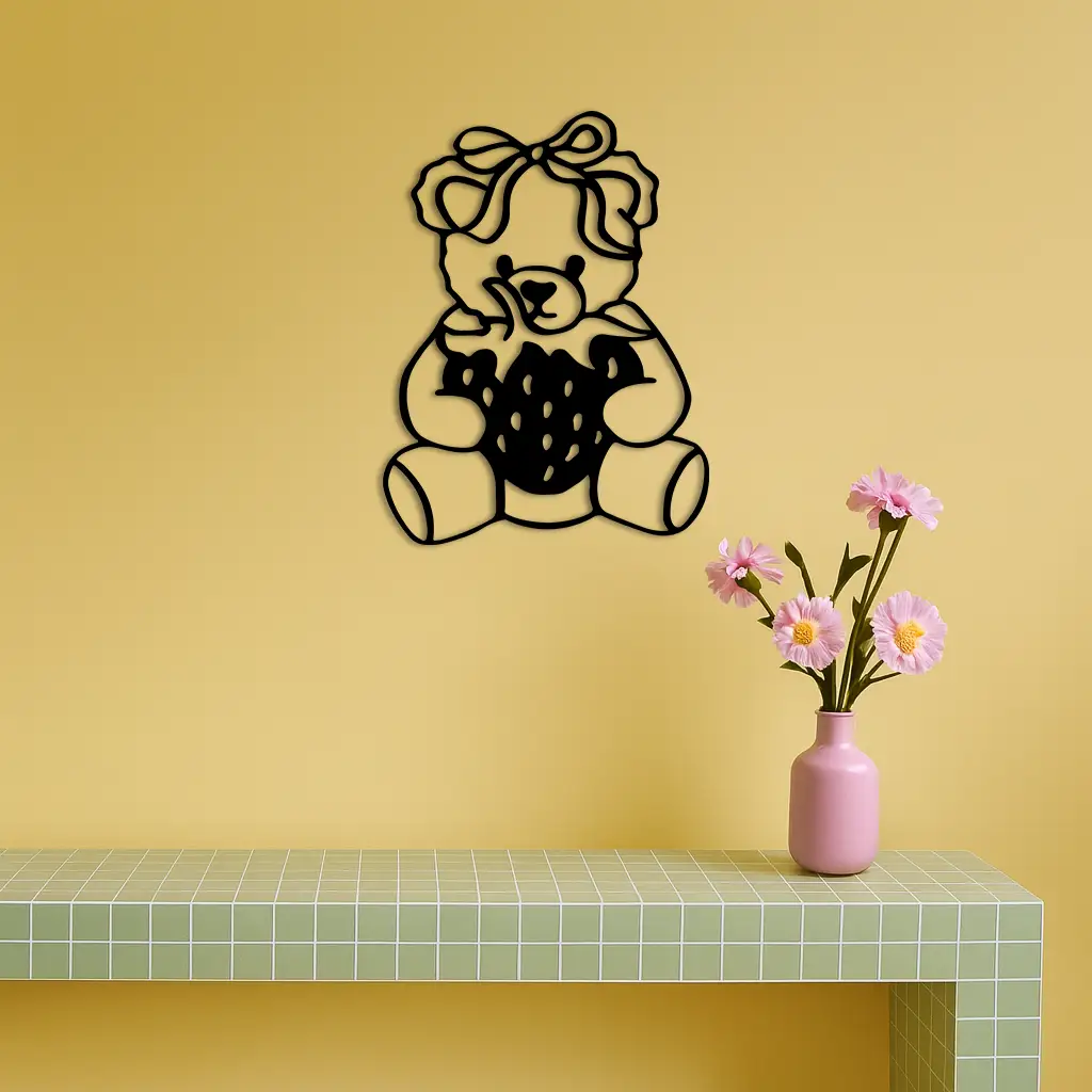 Pink Teddy Bear with Strawberry Metal Wall Art – Cute Bow Design for Kids Room - KAFGP020 by Enova Art