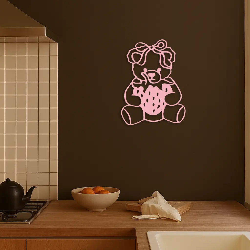 Pink Teddy Bear with Strawberry Metal Wall Art – Cute Bow Design for Kids Room - KAFGP020 by Enova Art