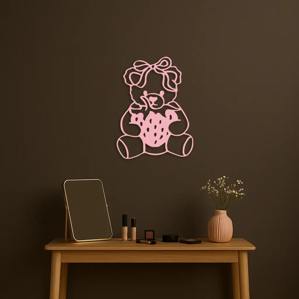 Pink Teddy Bear with Strawberry Metal Wall Art – Cute Bow Design for Kids Room - KAFGP020 by Enova Art