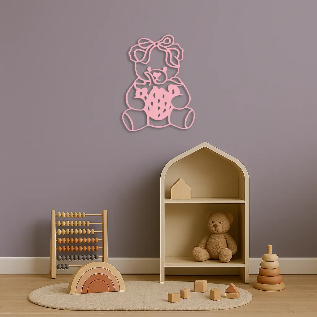 Pink Teddy Bear with Strawberry Metal Wall Art – Cute Bow Design for Kids Room - KAFGP020 by Enova Art