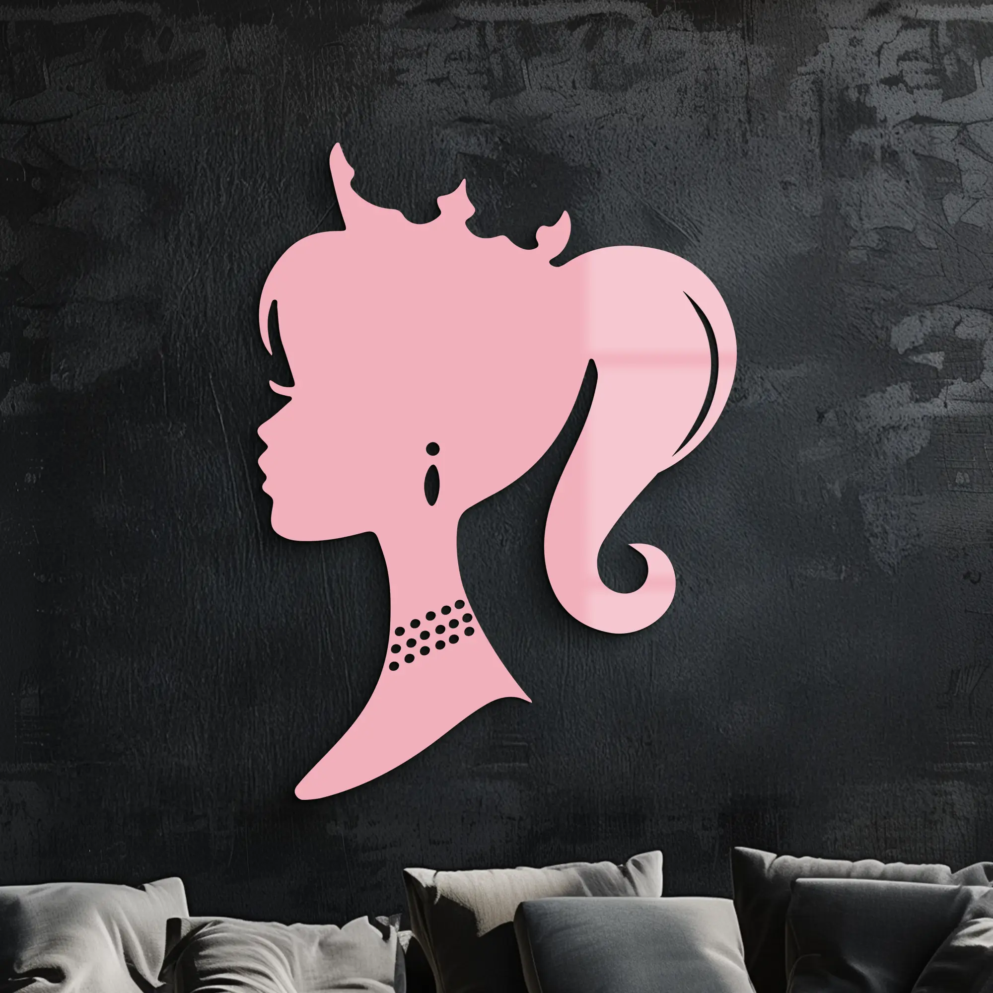 Pink Barbie Silhouette Metal Wall Art – Crowned Princess Profile Decor - KAFGP021 by Enova Art