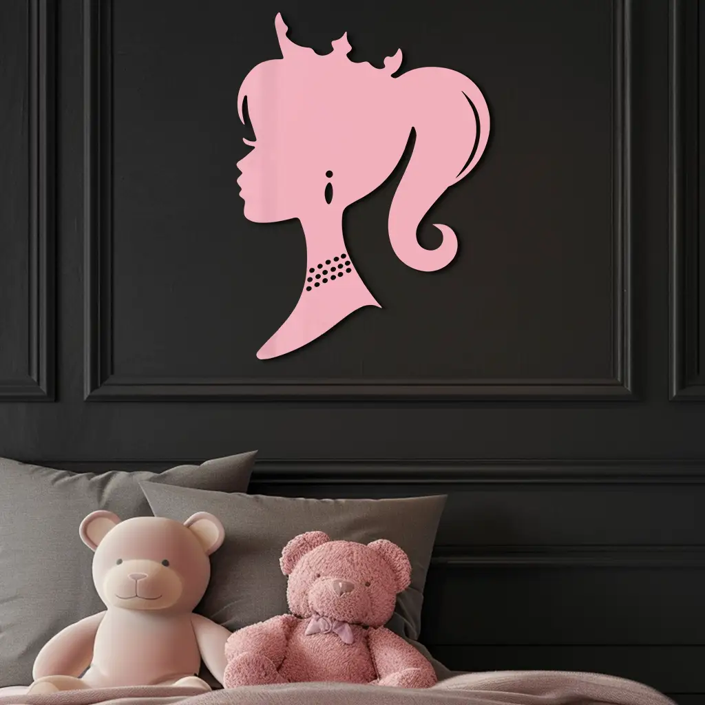 Pink Barbie Silhouette Metal Wall Art – Crowned Princess Profile Decor - KAFGP021 by Enova Art