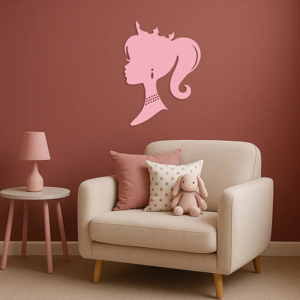 Pink Barbie Silhouette Metal Wall Art – Crowned Princess Profile Decor - KAFGP021 by Enova Art