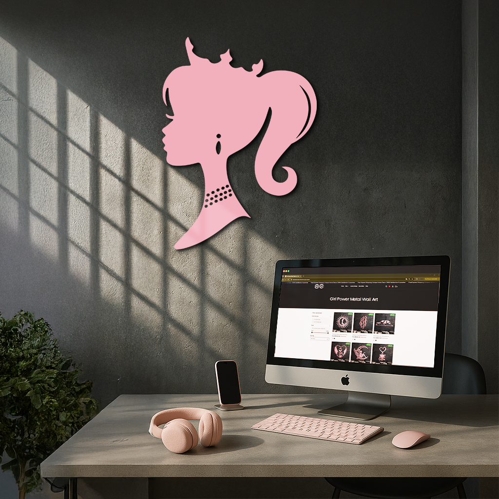 Pink Barbie Silhouette Metal Wall Art – Crowned Princess Profile Decor - KAFGP021 by Enova Art
