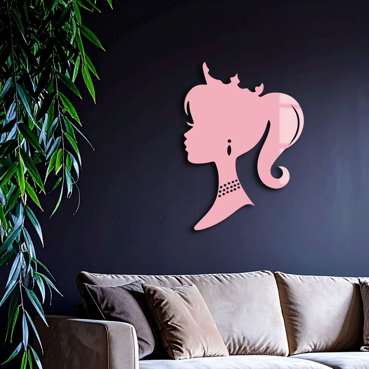 Pink Barbie Silhouette Metal Wall Art – Crowned Princess Profile Decor - KAFGP021 by Enova Art