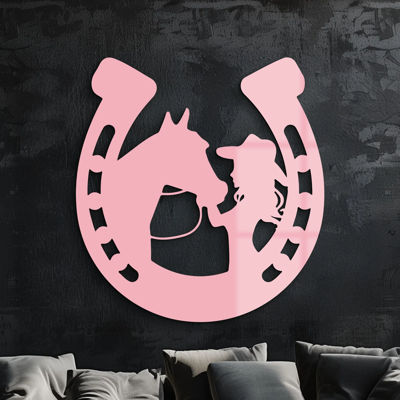 Pink Cowgirl and Horse Silhouette Metal Wall Art – Western Horseshoe Decor - KAFGP023 by Enova Art