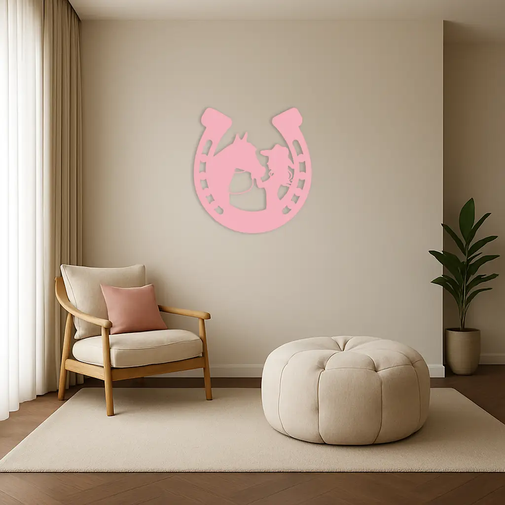 Pink Cowgirl and Horse Silhouette Metal Wall Art – Western Horseshoe Decor - KAFGP023 by Enova Art