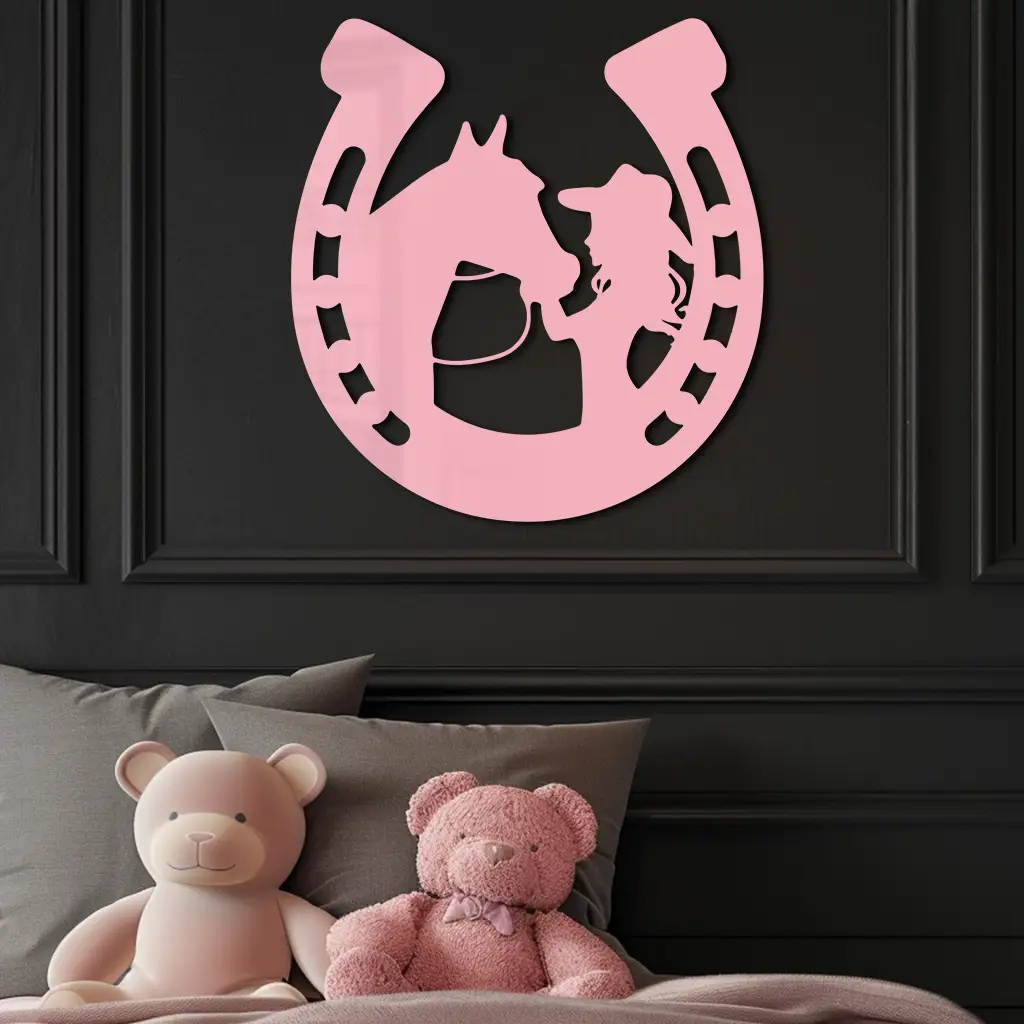 Pink Cowgirl and Horse Silhouette Metal Wall Art – Western Horseshoe Decor - KAFGP023 by Enova Art