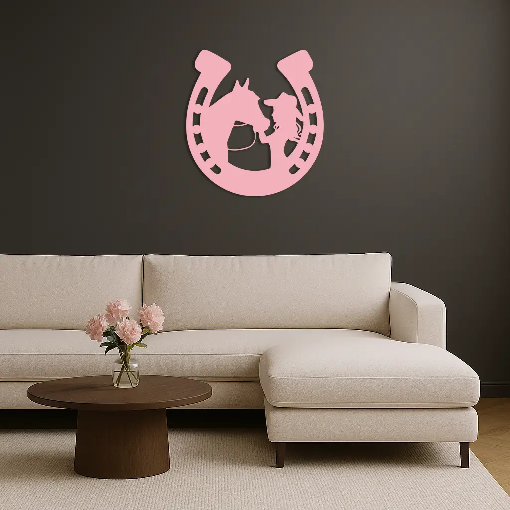 Pink Cowgirl and Horse Silhouette Metal Wall Art – Western Horseshoe Decor - KAFGP023 by Enova Art