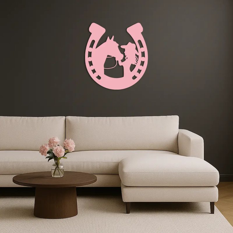 Pink Cowgirl and Horse Silhouette Metal Wall Art – Western Horseshoe Decor - KAFGP023 by Enova Art