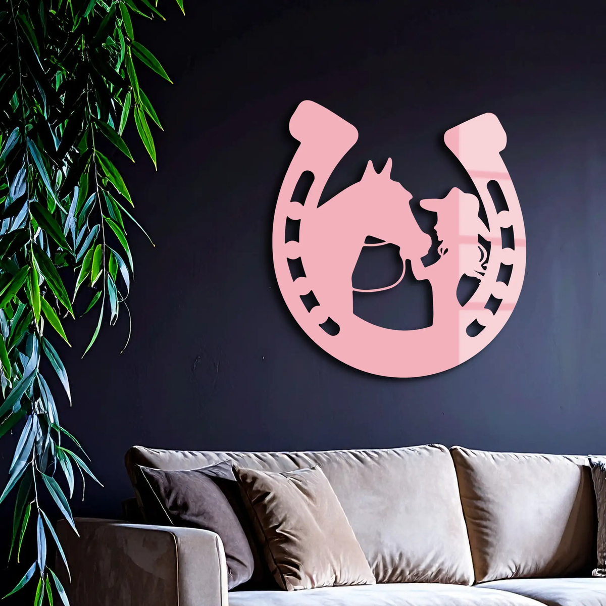 Pink Cowgirl and Horse Silhouette Metal Wall Art – Western Horseshoe Decor - KAFGP023 by Enova Art